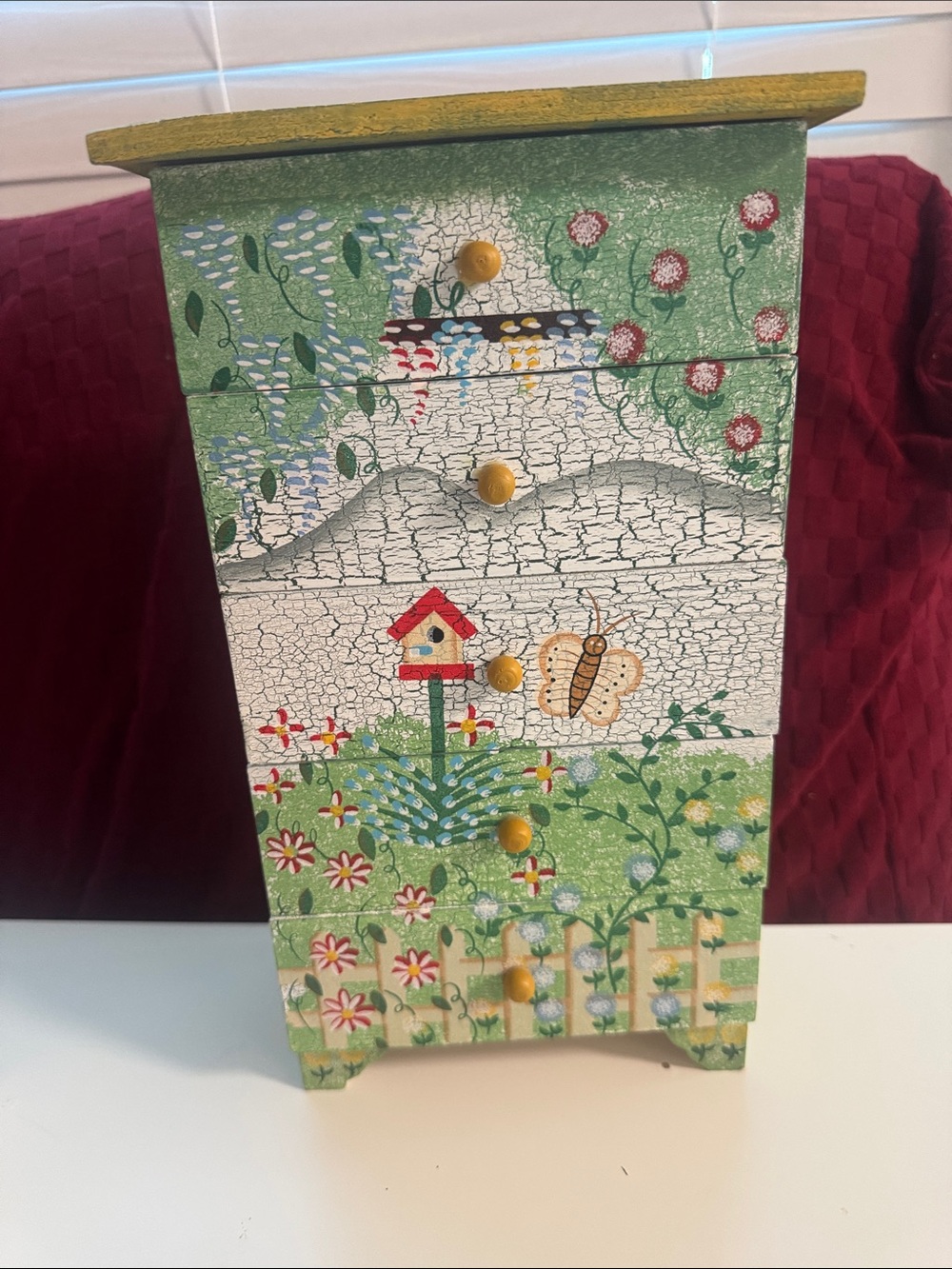 Hand-Painted Floral Jewelry Chest with Birdhouse and Butterfly